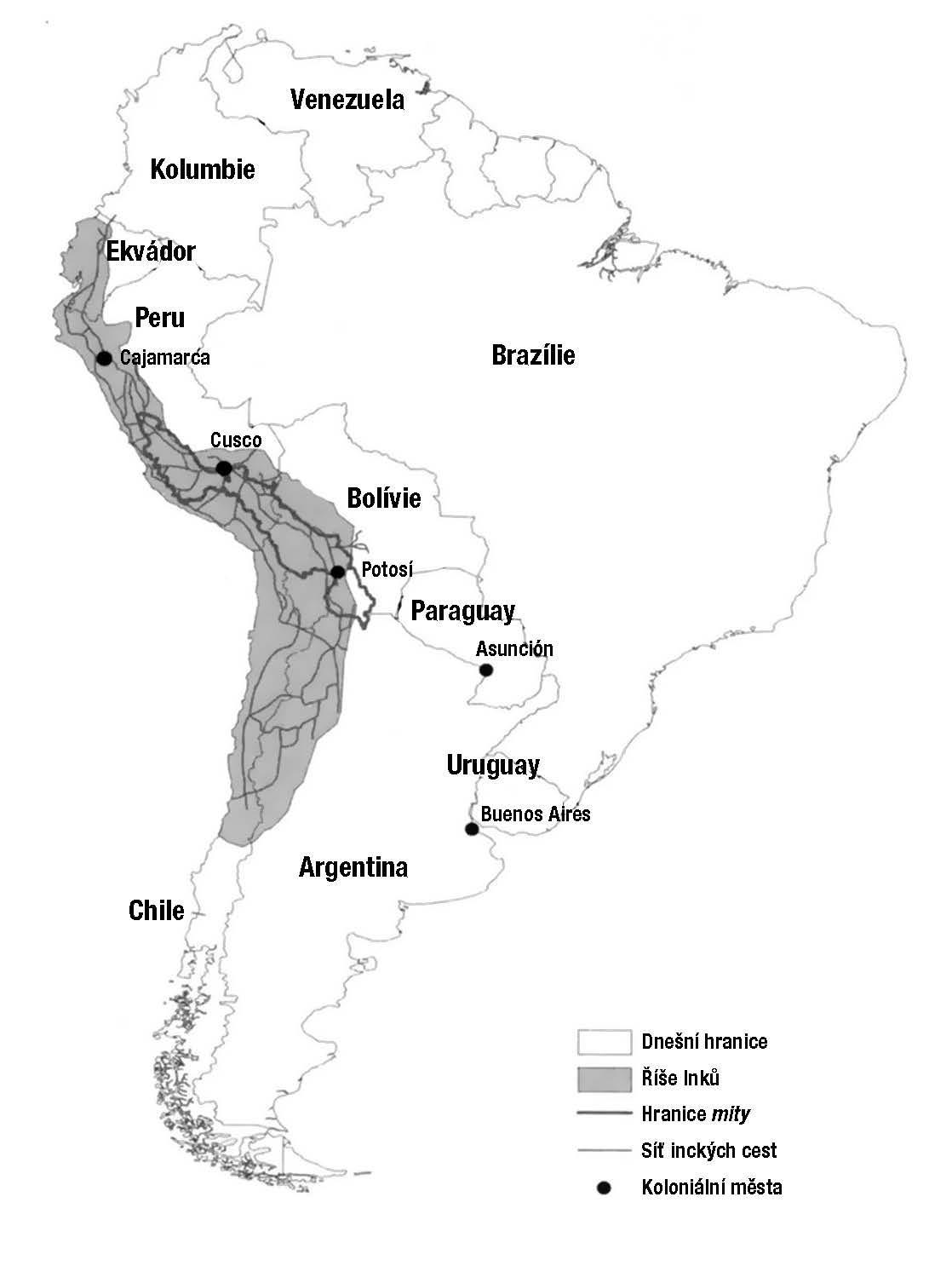 Mapka č. 1: Říše Inků, síť cest a sběrná oblast pro hornickou <em>mitu</em>