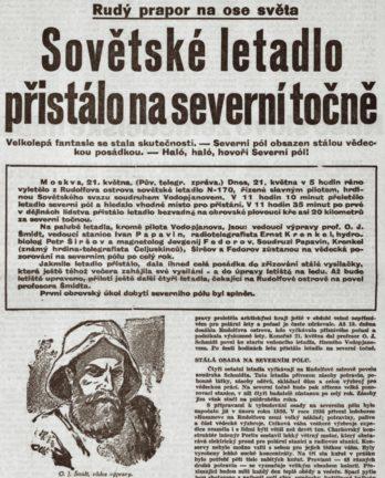 Článek v Rudém právu o úspěchu sovětských polárníků, 23. 5. 1937