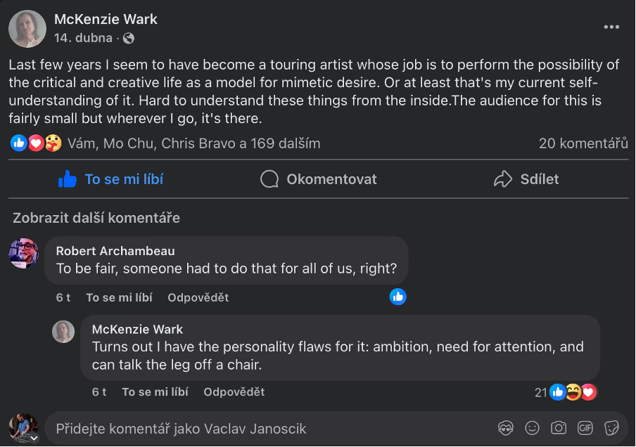 Facebookový status McKenzie Wark, profesorky mediálních a kulturních studií.