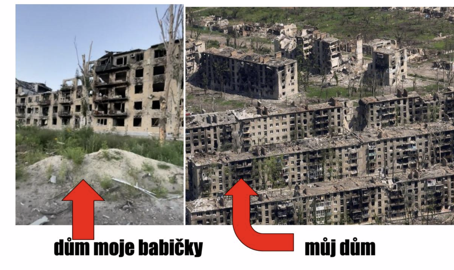 Koláž, kterou Anastasija Hoisa udělala z dronových snímků zničeného rodného Bachmutu.